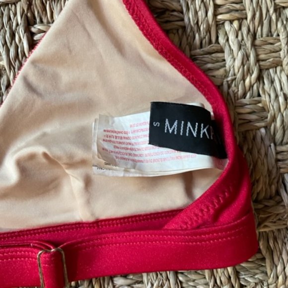 Mink Pink ruby red triangle bikini with gold metal trim; top in S, bottom in M - Picture 4 of 7
